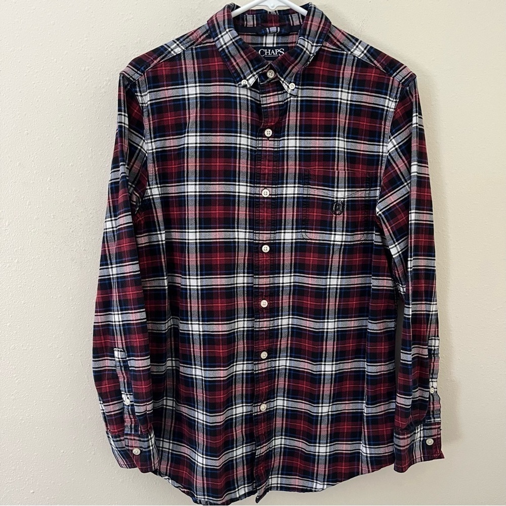 Chaps Men’s Classic Oxford Red/Blue Plaid Long Sleeve Button Down Shirt Size M